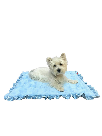 Dog lying on a blue pet bed with ruffled edges against a white background