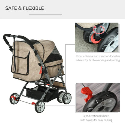 Pet stroller with features highlighted on a white background