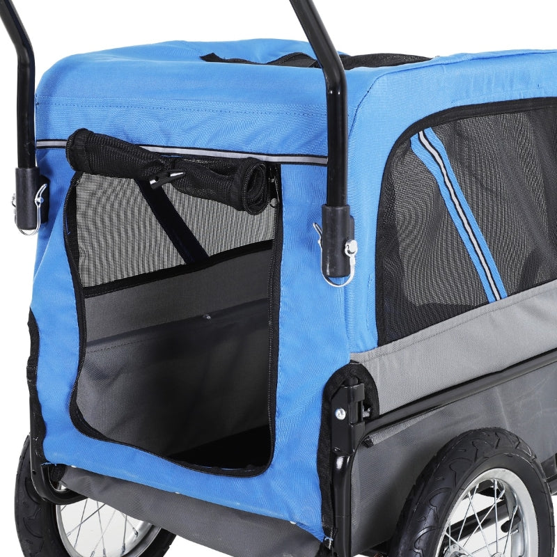 Blue and gray pet stroller with mesh sides on a white background