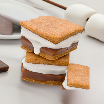 Stack of s'mores with graham crackers, chocolate, and marshmallows on a white background.