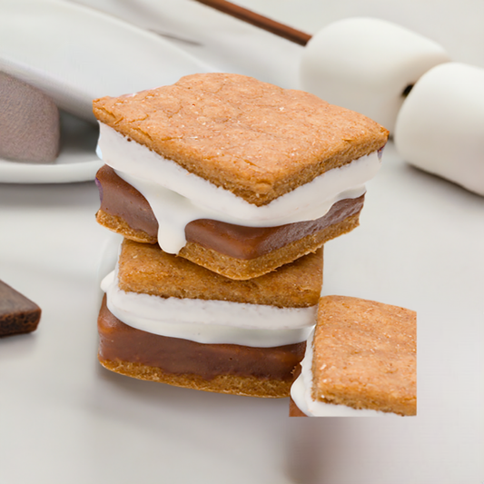 Stack of s'mores with graham crackers, chocolate, and marshmallows on a white background.