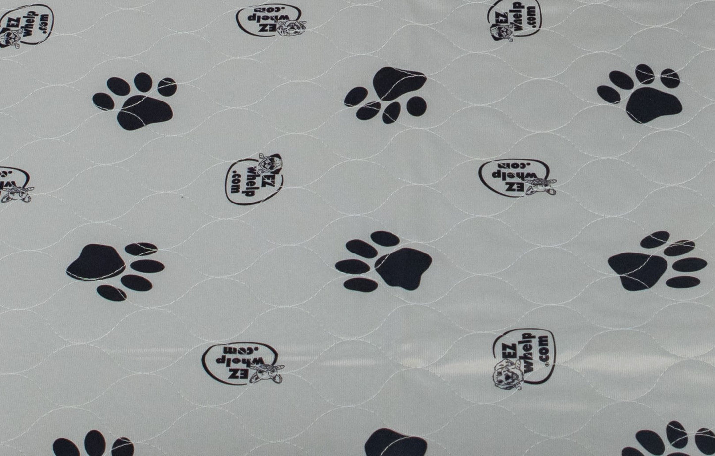 Pattern of black paw prints and logos on a gray background