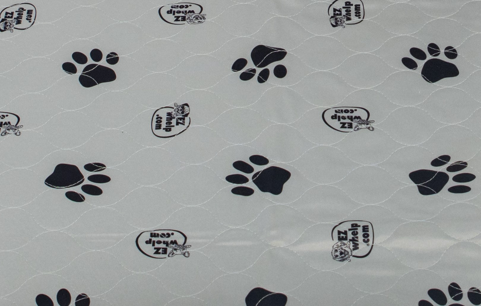 Pattern of black paw prints and logos on a gray background