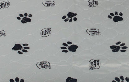 Pattern of black paw prints and logos on a gray background