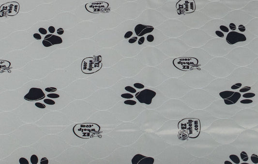 Pattern of black paw prints and logos on a gray background