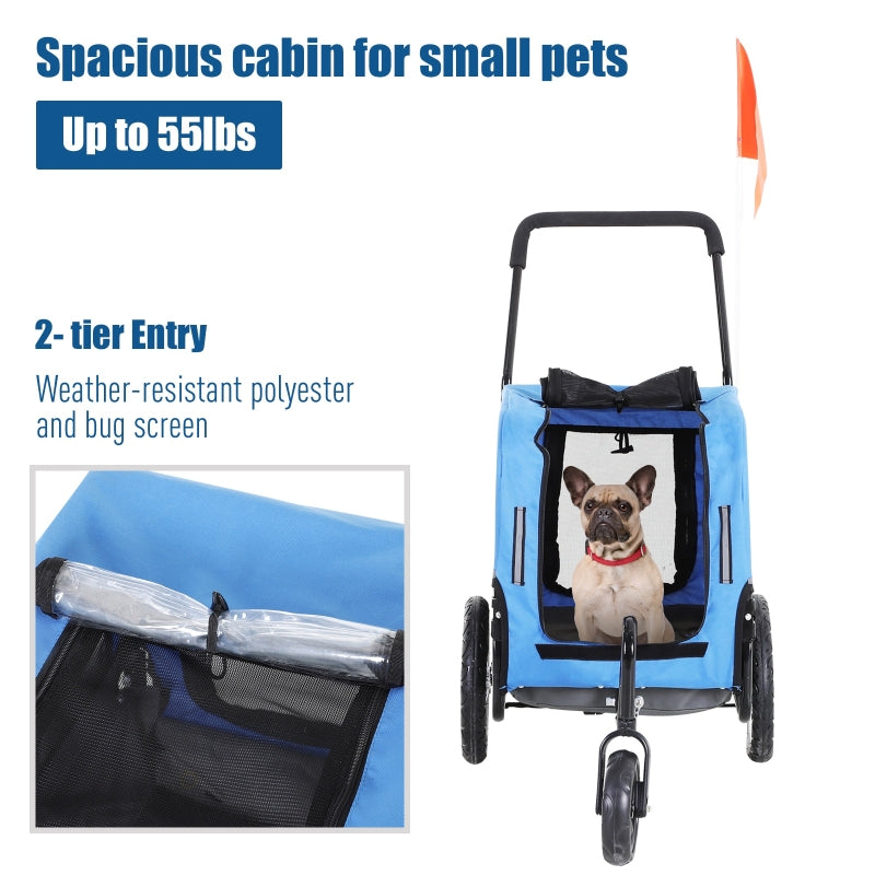 Blue pet stroller with a dog inside, featuring text about its capacity and features.