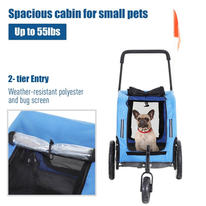 Blue pet stroller with a dog inside, featuring text about its capacity and features.