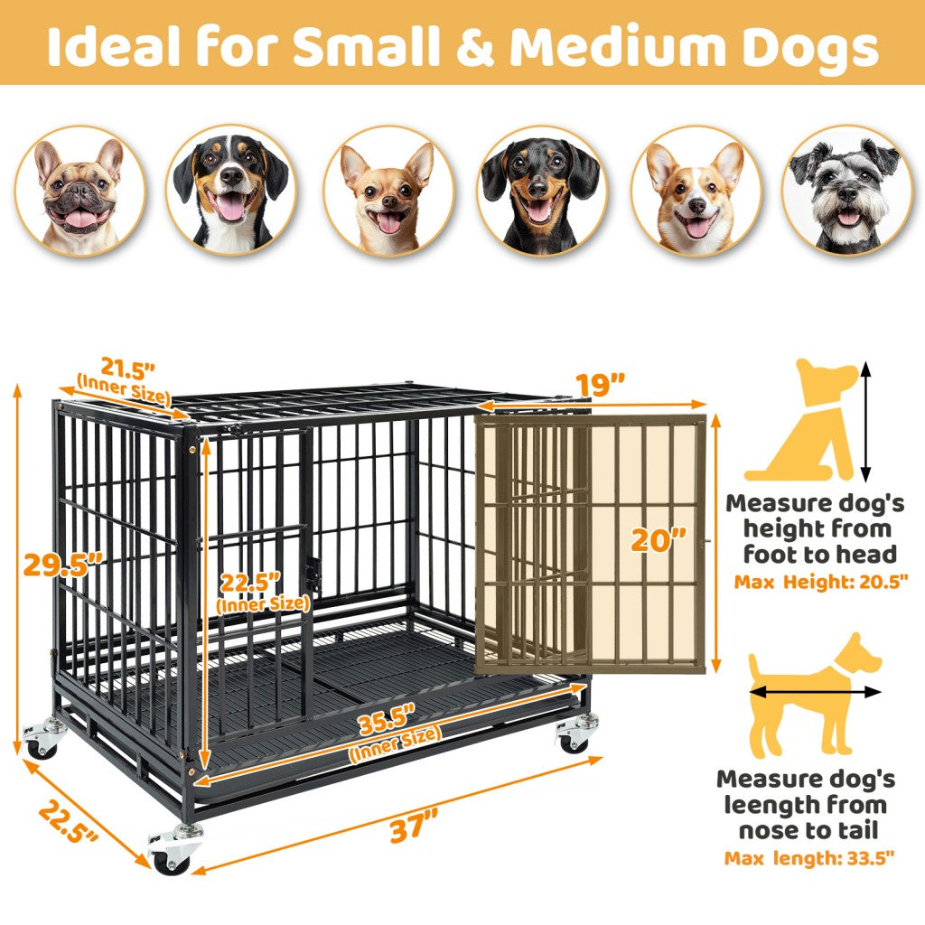 Dog crate with dimensions and features suitable for small and medium dogs, including images of dogs and measurement guidelines.