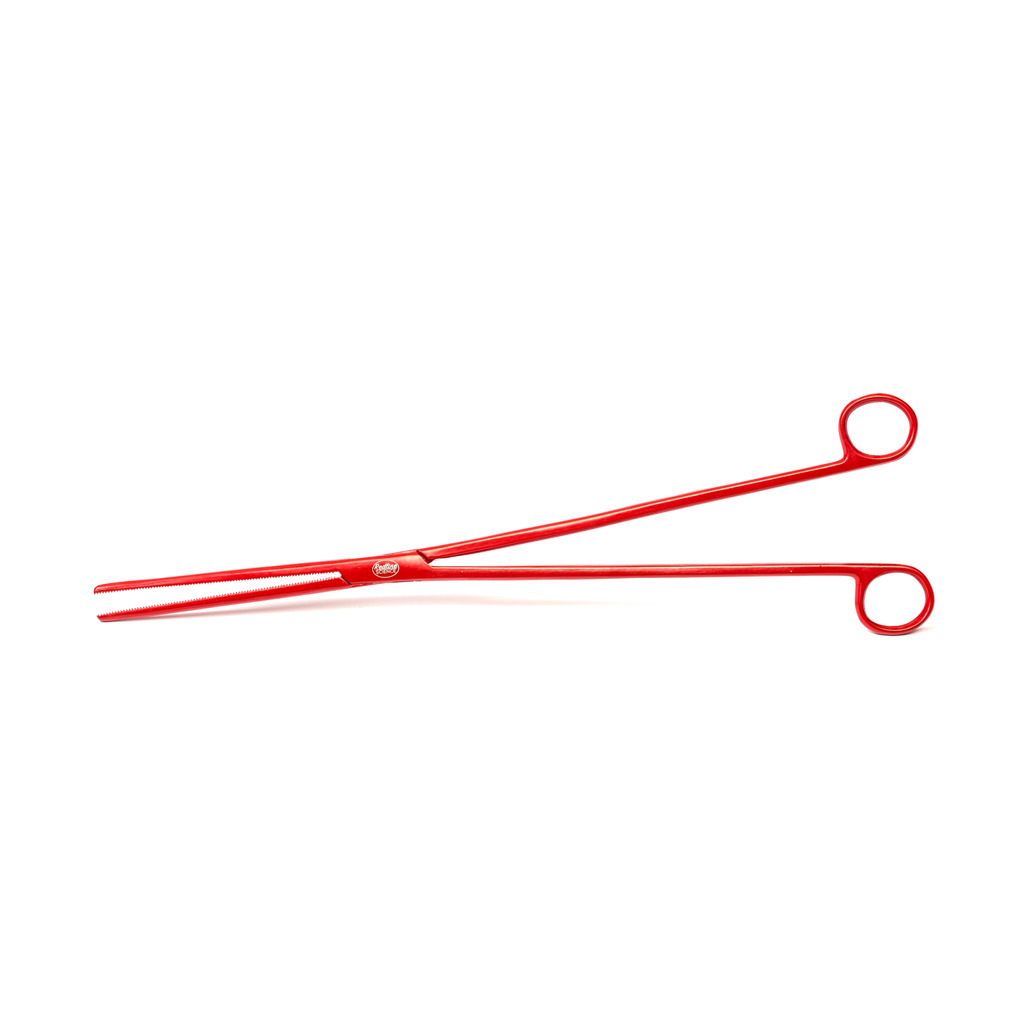 Red metal tongs on a white background