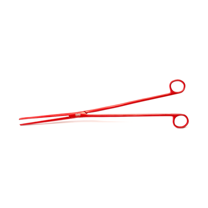 Red metal tongs on a white background
