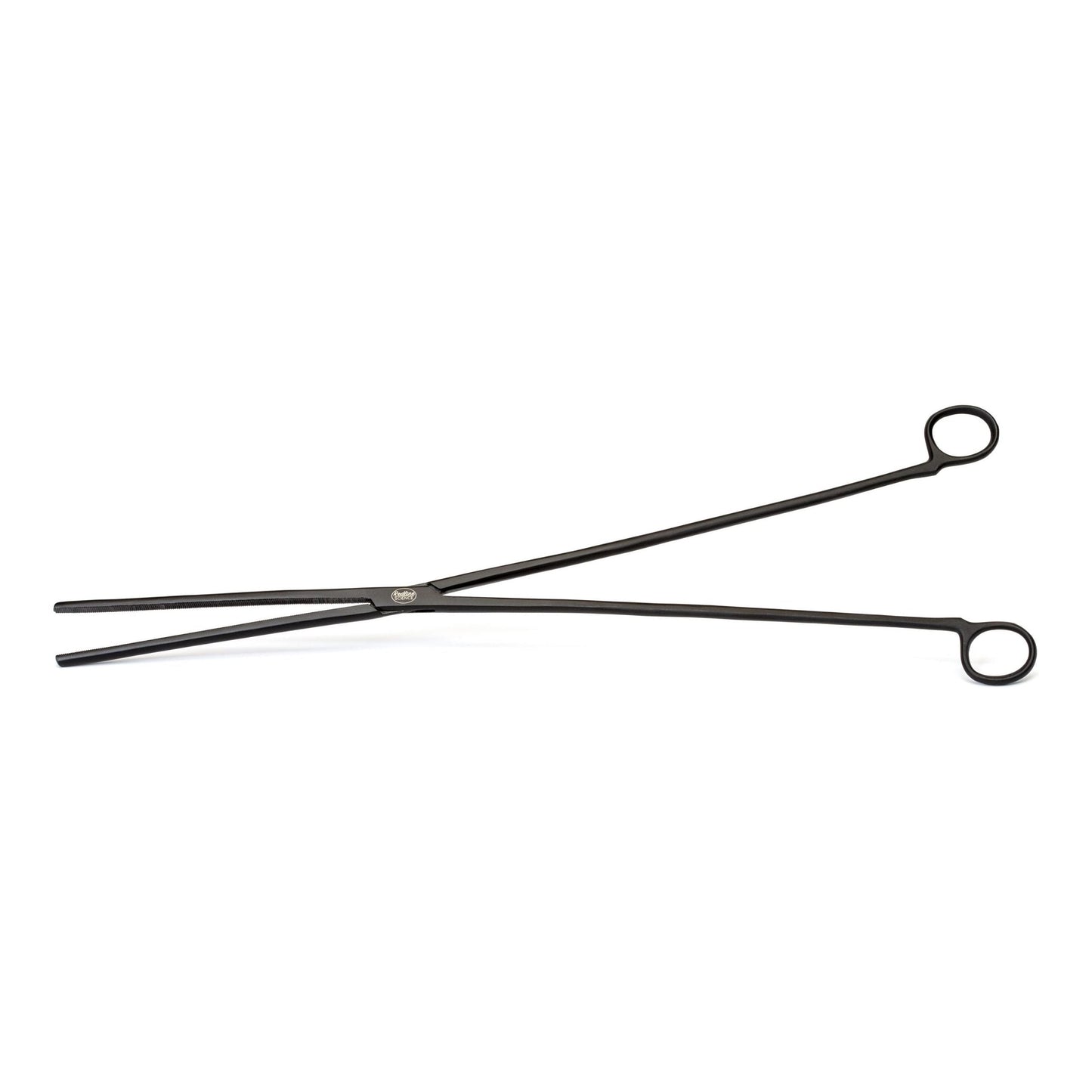 Black metal tongs on a white background