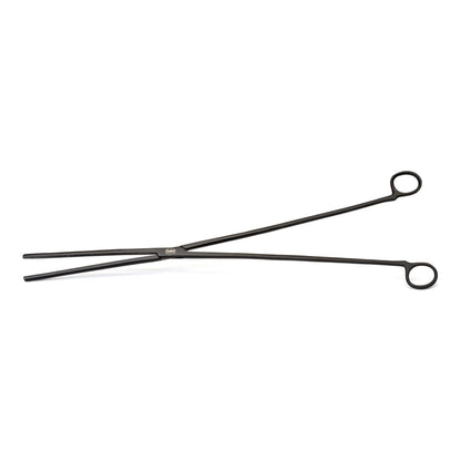 Black metal tongs on a white background