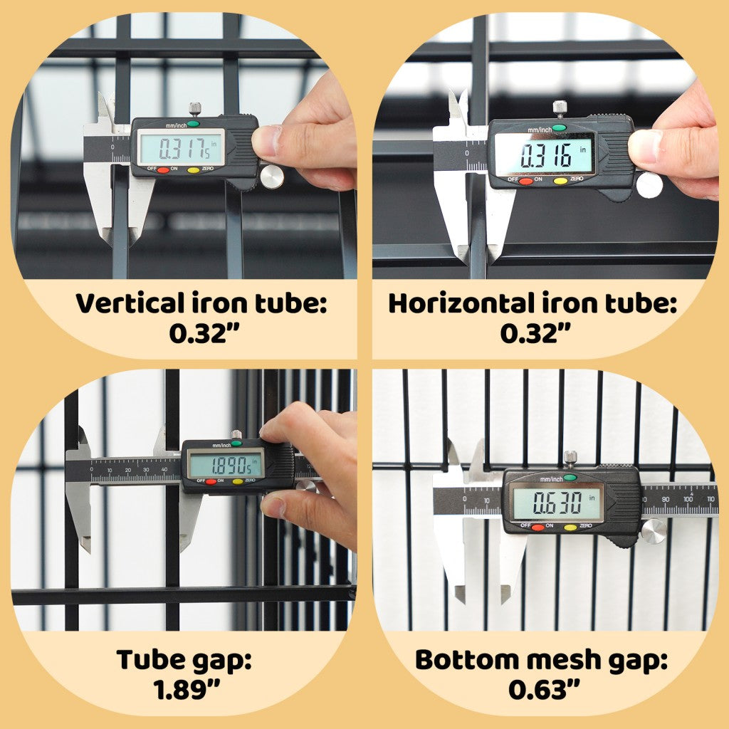 Digital caliper measurements of iron tube and mesh gaps on a yellow background