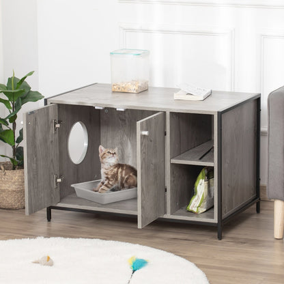 Cat sitting inside a wooden pet enclosure with a gray top in a room.