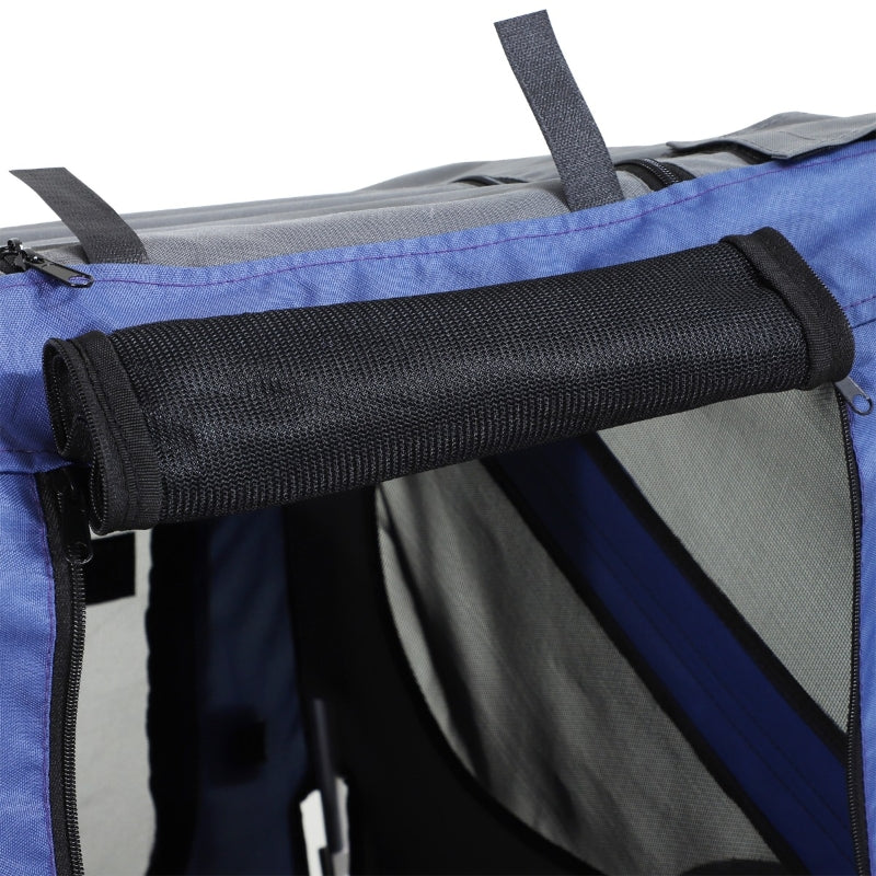 Close-up of a blue and gray bag with a black handle