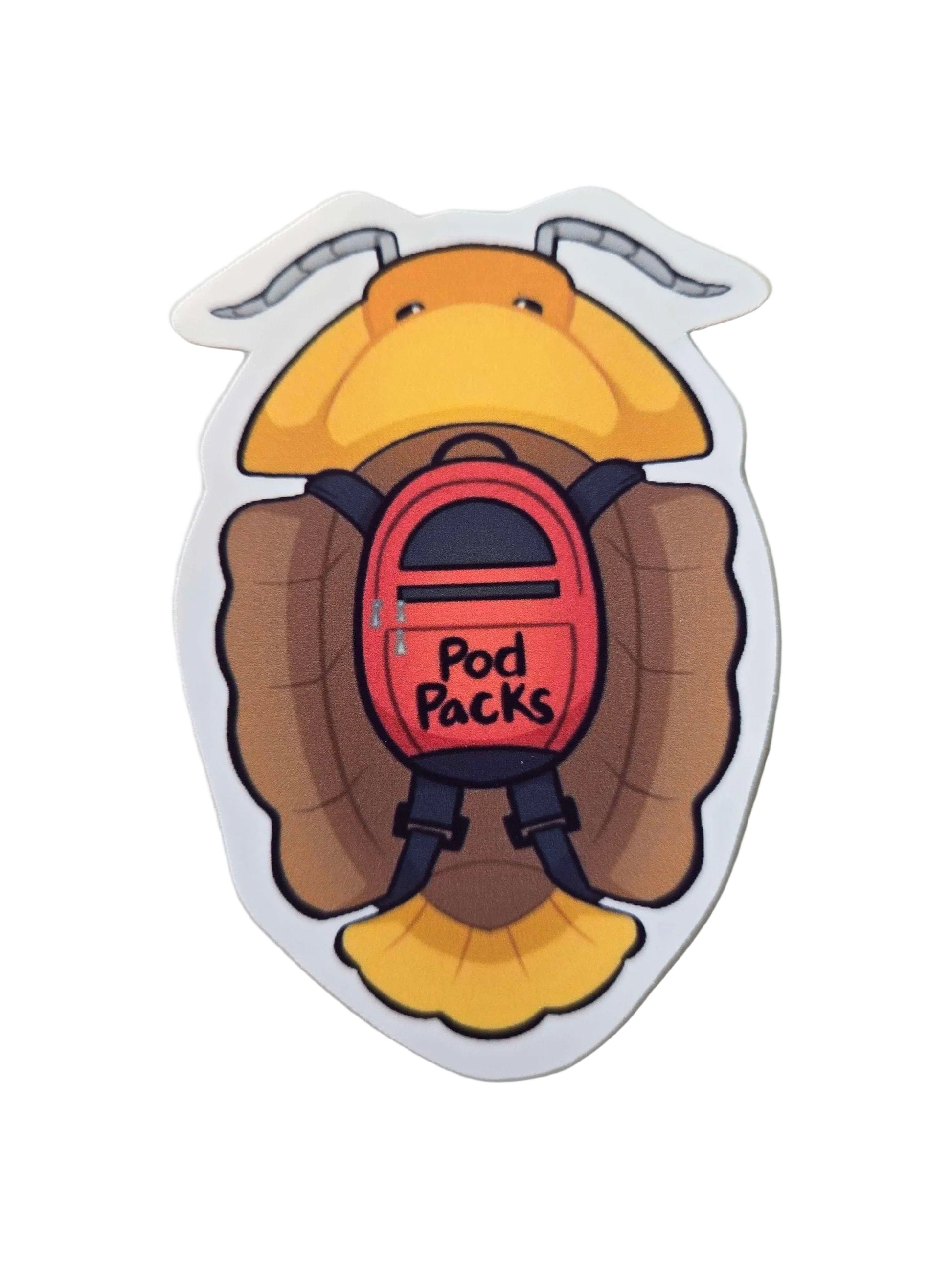Sticker of a cartoon turtle with a backpack labeled 'Pod Packs' on a white background