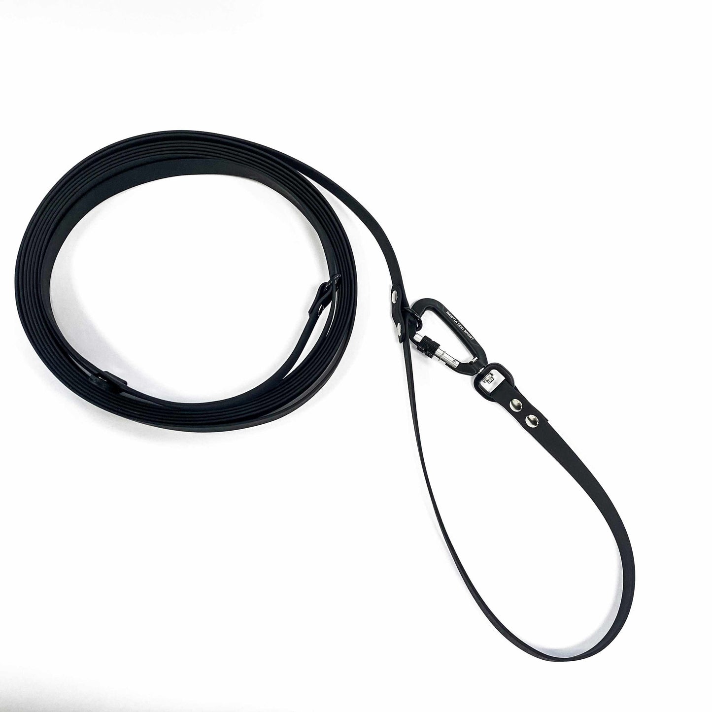 Black dog leash with a clip on a white background