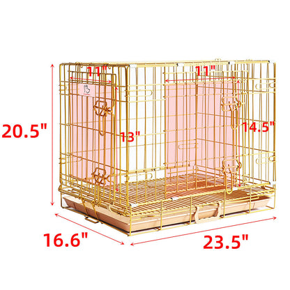 Gold bird cage with dimensions marked on a white background
