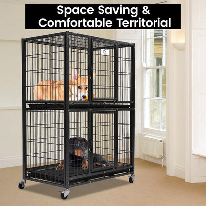 Large black metal dog cage with two dogs inside, labeled 'Space Saving & Comfortable Territorial'.