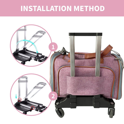 Luggage with a dolly attachment and installation method instructions on a pink background