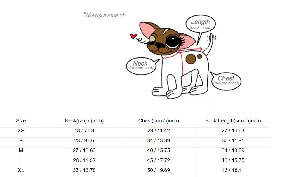 Measurement chart with a cartoon cat for neck, chest, and back length, showing different sizes.