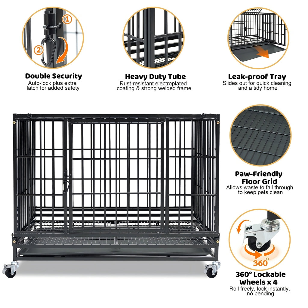 Dog crate with features highlighted on a white background