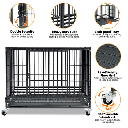 Dog crate with features highlighted on a white background