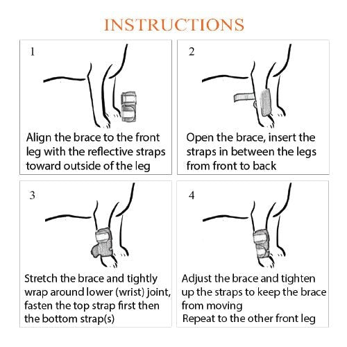 Instructions for using a brace on a leg with reflective straps, shown in four steps.