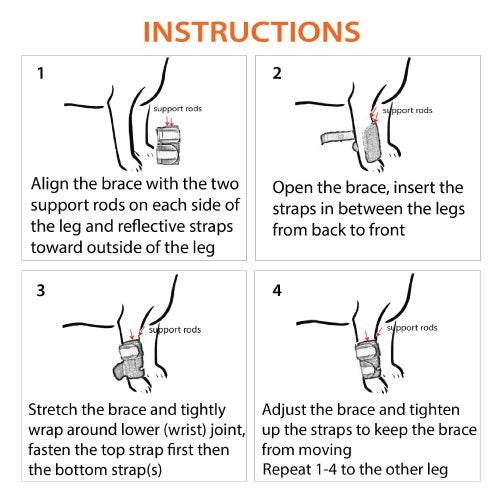 Instructions for using a brace with support rods and reflective straps on legs.