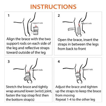 Instructions for using a brace with support rods and reflective straps on legs.