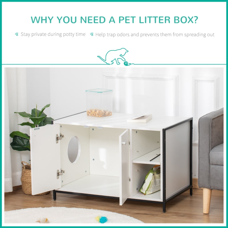 Pet litter box integrated into a piece of furniture with text explaining its benefits.