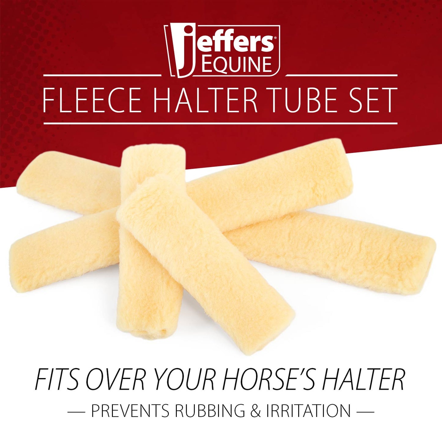 Jeffers Equine fleece halter tube set on a white background with red border