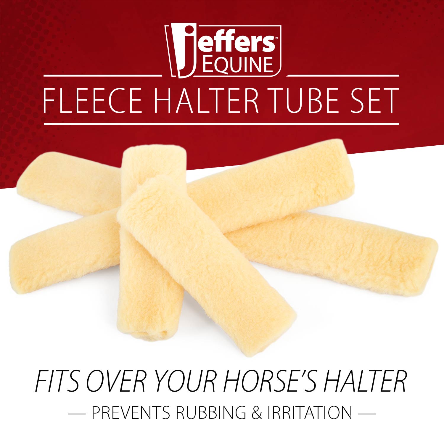 Jeffers Equine fleece halter tube set on a white background with red border