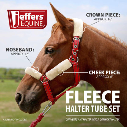 Horse wearing a red fleece halter tube set with labeled parts against a natural background.