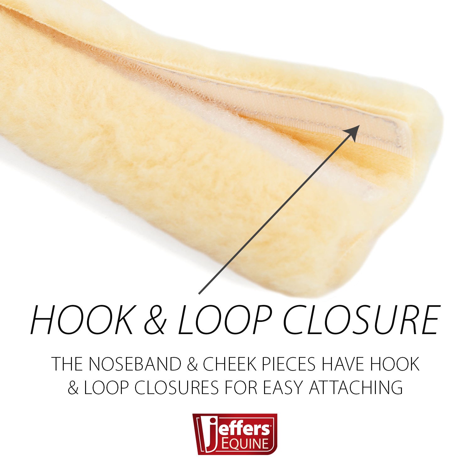 Noseband with hook and loop closure labeled, featuring the Jeffer's Equine logo.