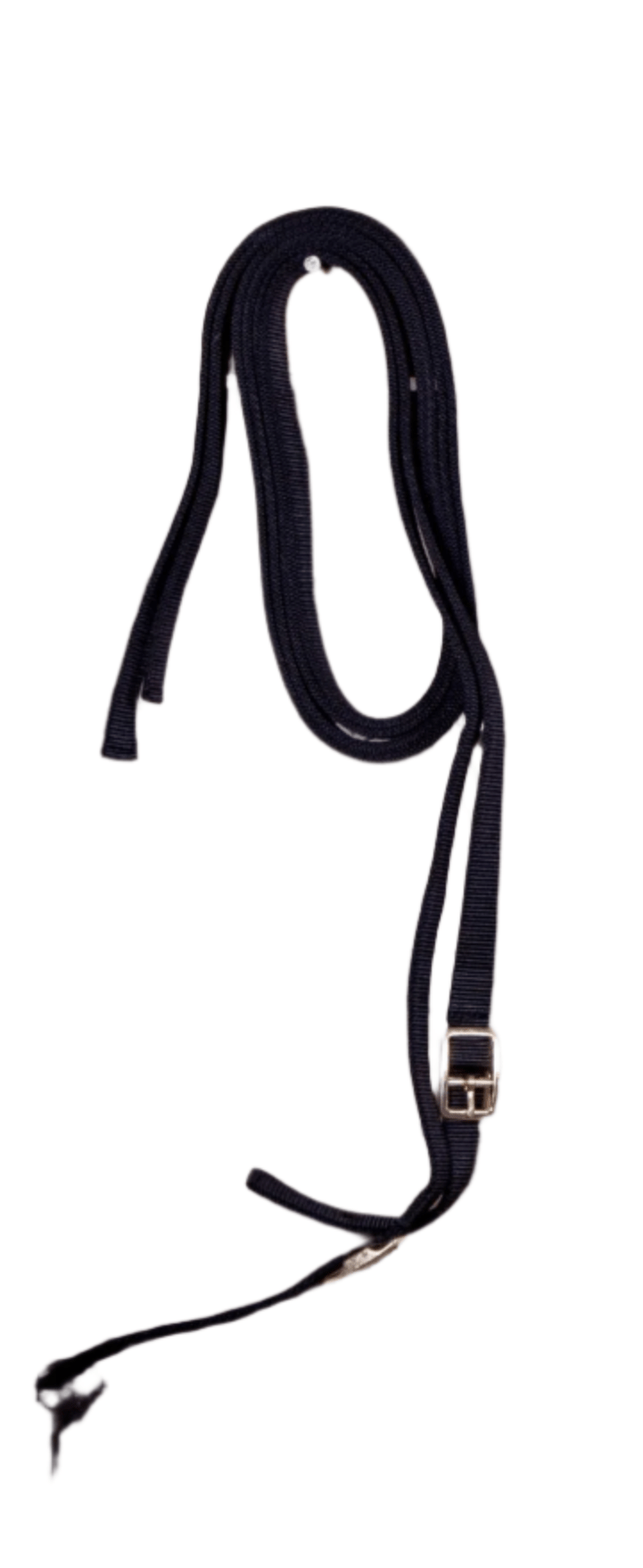 Black leather lanyard with a metal clip on a white background