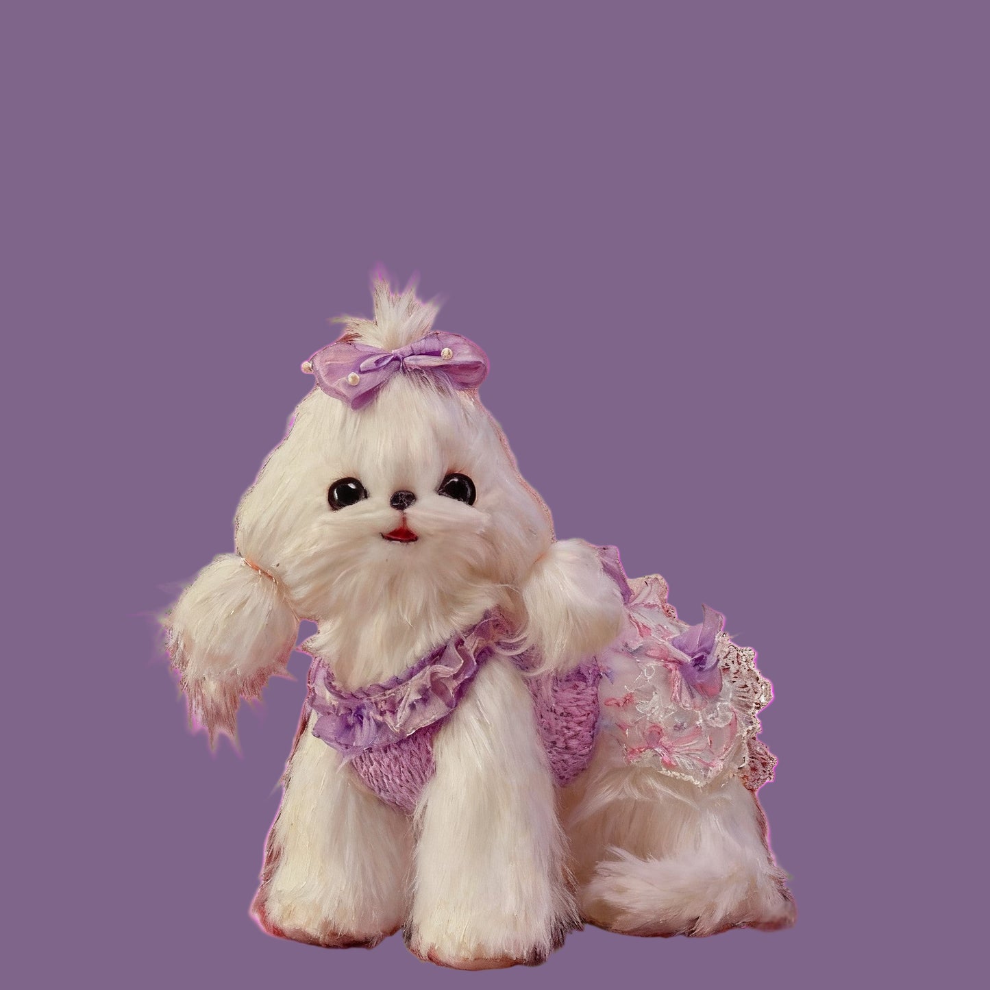 White fluffy dog toy with a purple outfit on a plum background