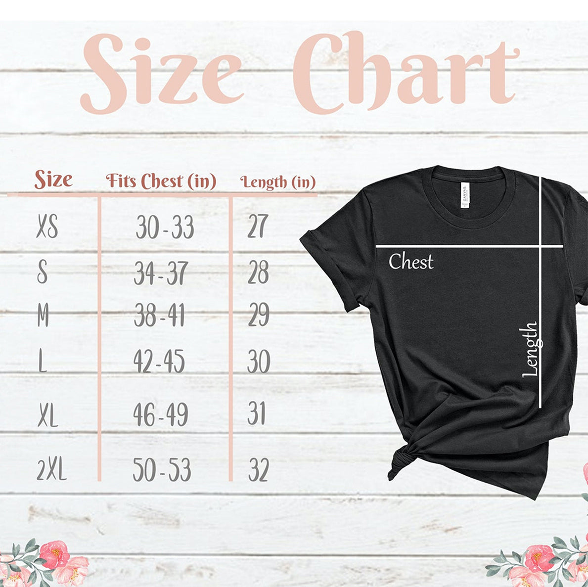 Black t-shirt with size chart on a wooden background