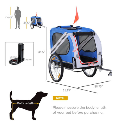 Blue and white bicycle trailer with dimensions and a dog silhouette for scale.