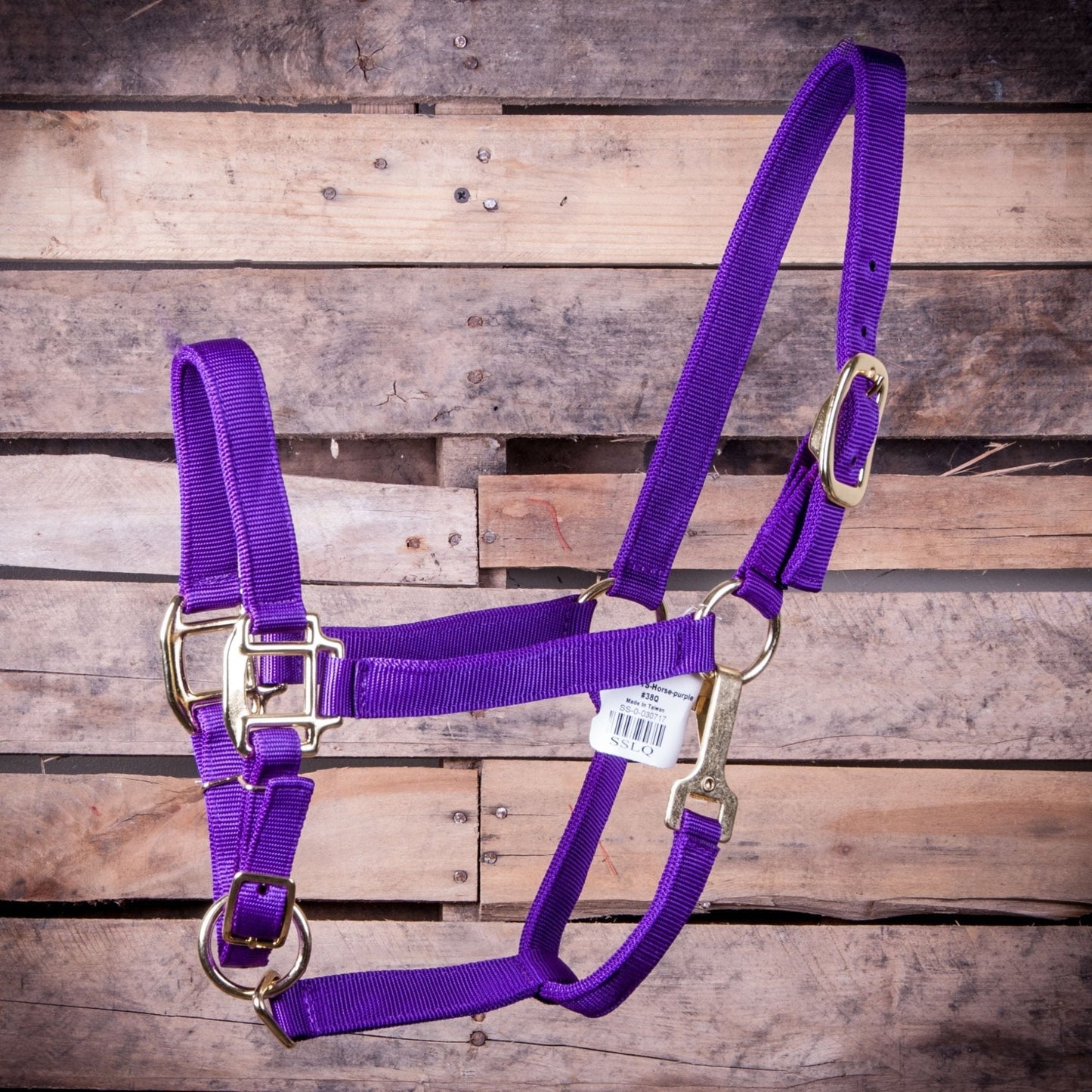 Purple horse halter with gold hardware on a wooden background