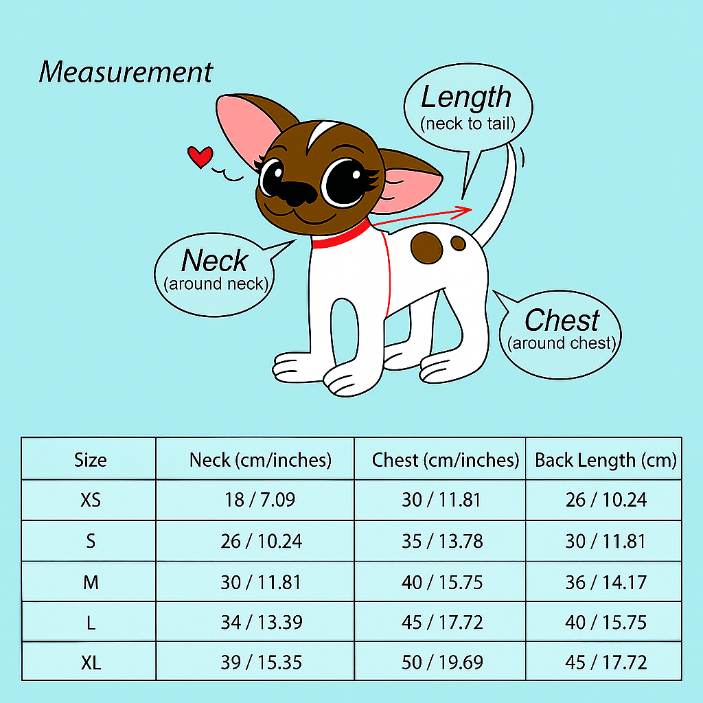 Measurement chart for dog coats with a cartoon dog illustration on a light blue background