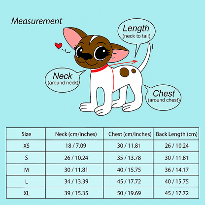 Measurement chart for dog coats with a cartoon dog illustration on a light blue background