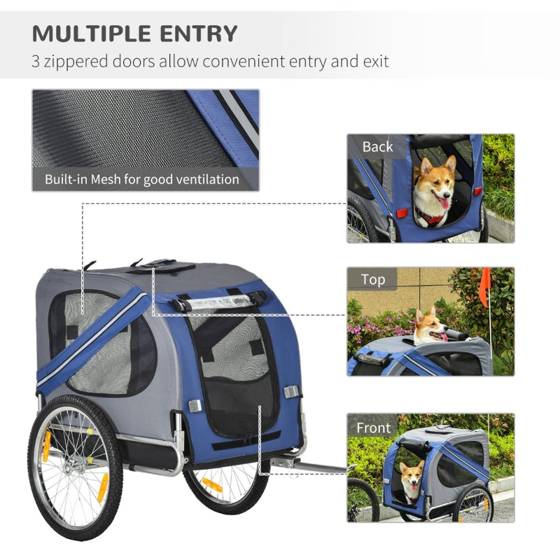 Dog bike trailer with multiple entry points and built-in mesh for ventilation, featuring a dog inside.