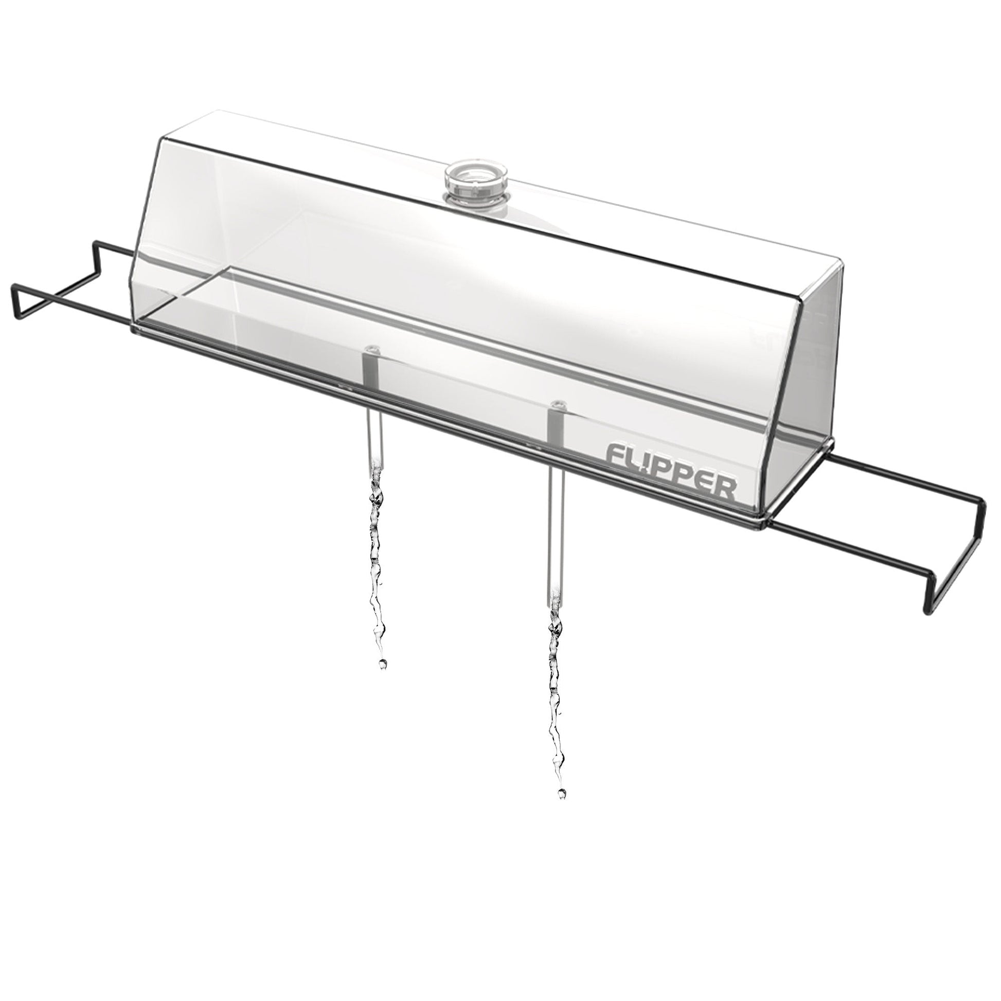 Clear bird feeder with metal frame on a white background, branded 'Flipper'.