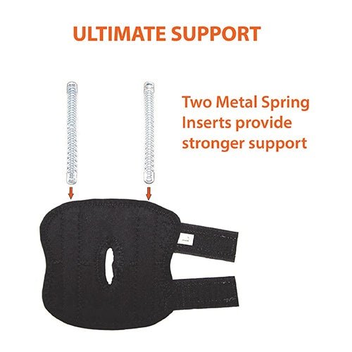 Black knee support brace with metal spring inserts labeled 'Ultimate Support' on a white background.