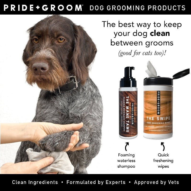 Dog grooming products with a dog and human hand holding a towel, featuring Pride Groom brand.