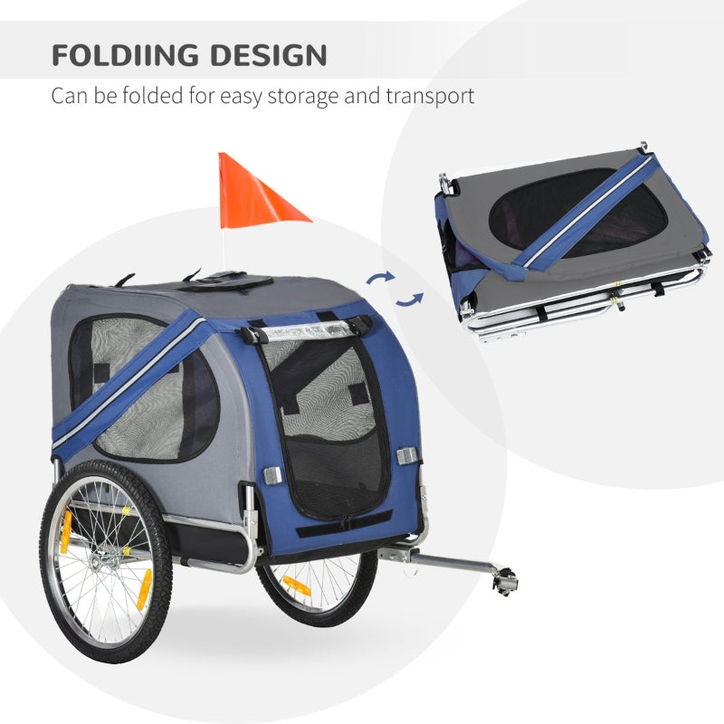 Pet bike trailer with folding design feature on a white background