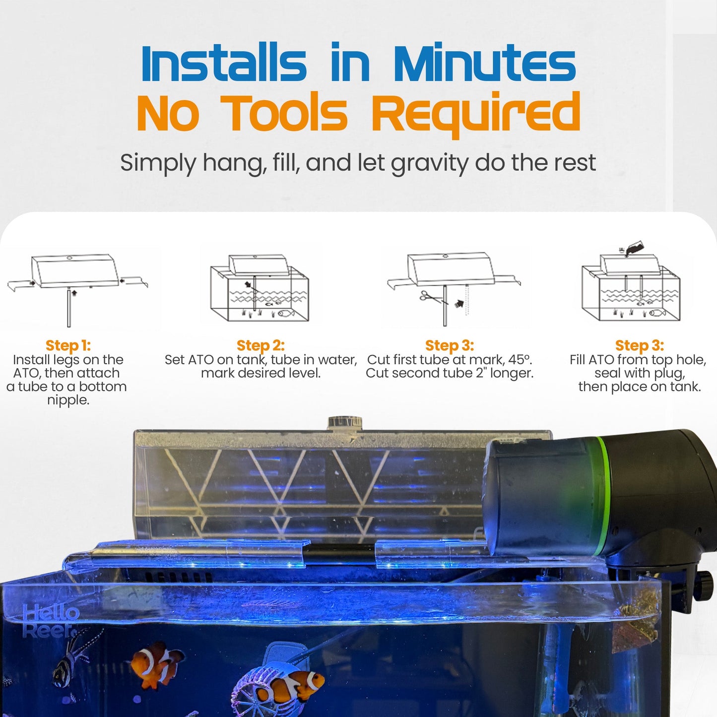 Aquarium setup with text indicating installation process and no tools required.