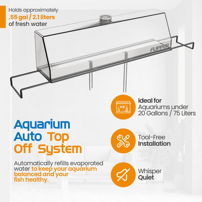 Aquarium auto top off system with features listed on a white background