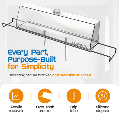 Clear tank with bracket and text highlighting features on a white background